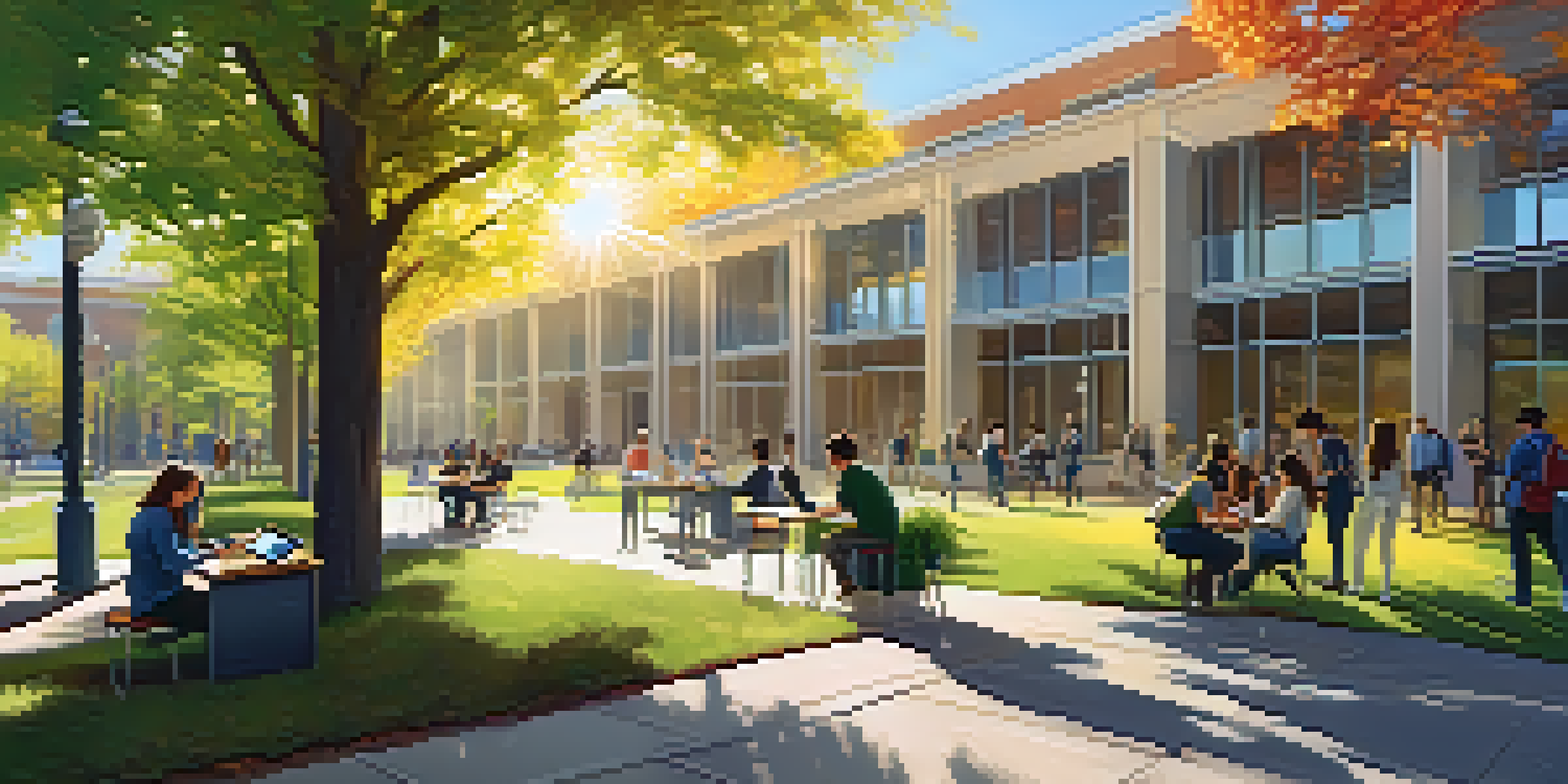A university campus with students working together with tech professionals, surrounded by green trees and modern buildings under bright sunlight.