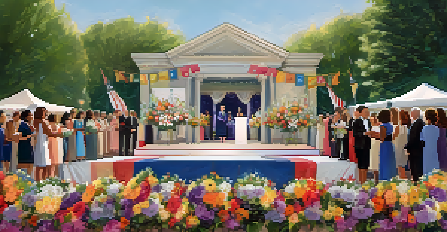An outdoor event celebrating women in politics, with female leaders receiving awards and a supportive audience.