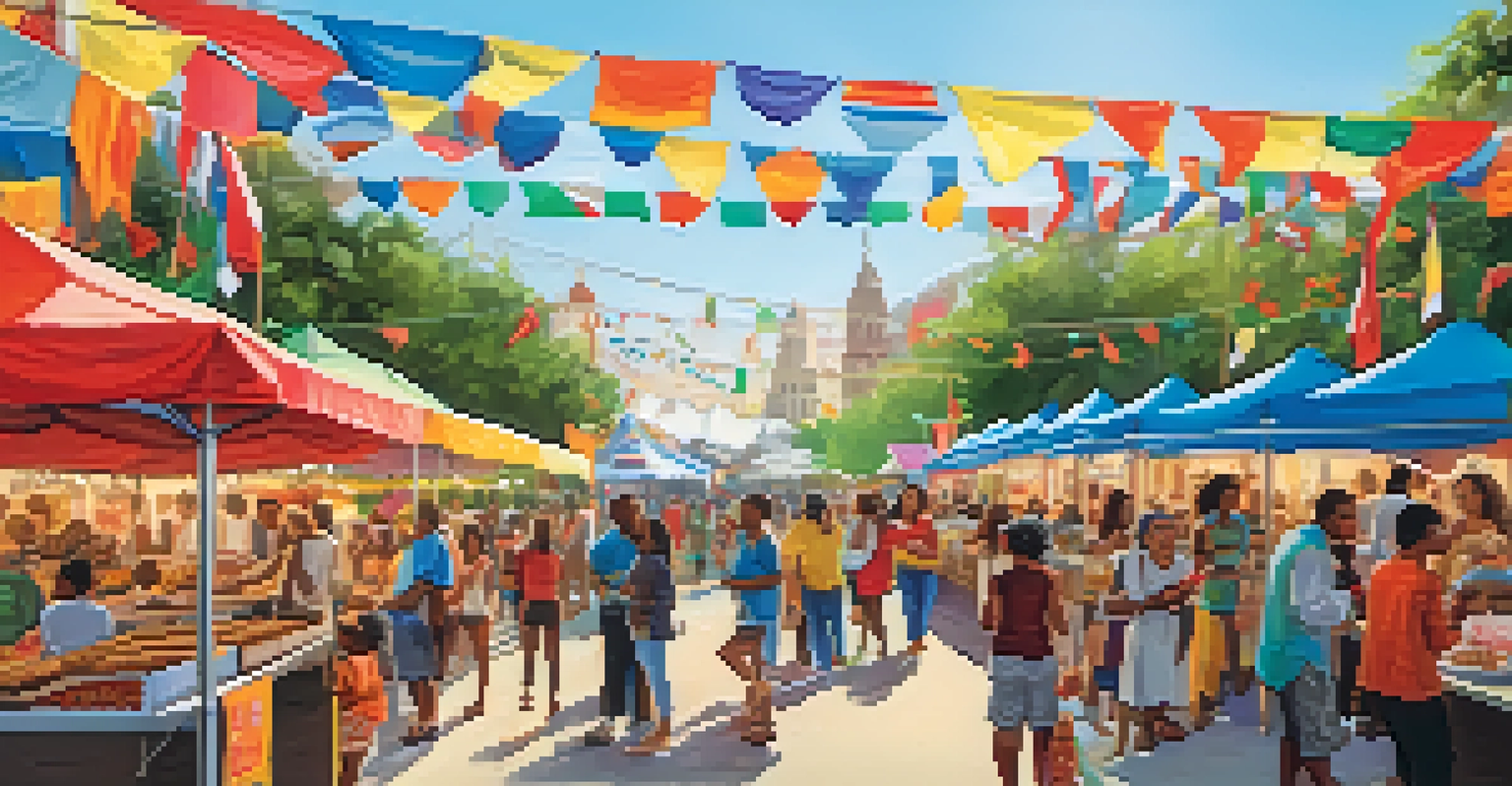 A vibrant culinary festival with food trucks and diverse cuisines, where people are sampling dishes and enjoying a lively atmosphere.