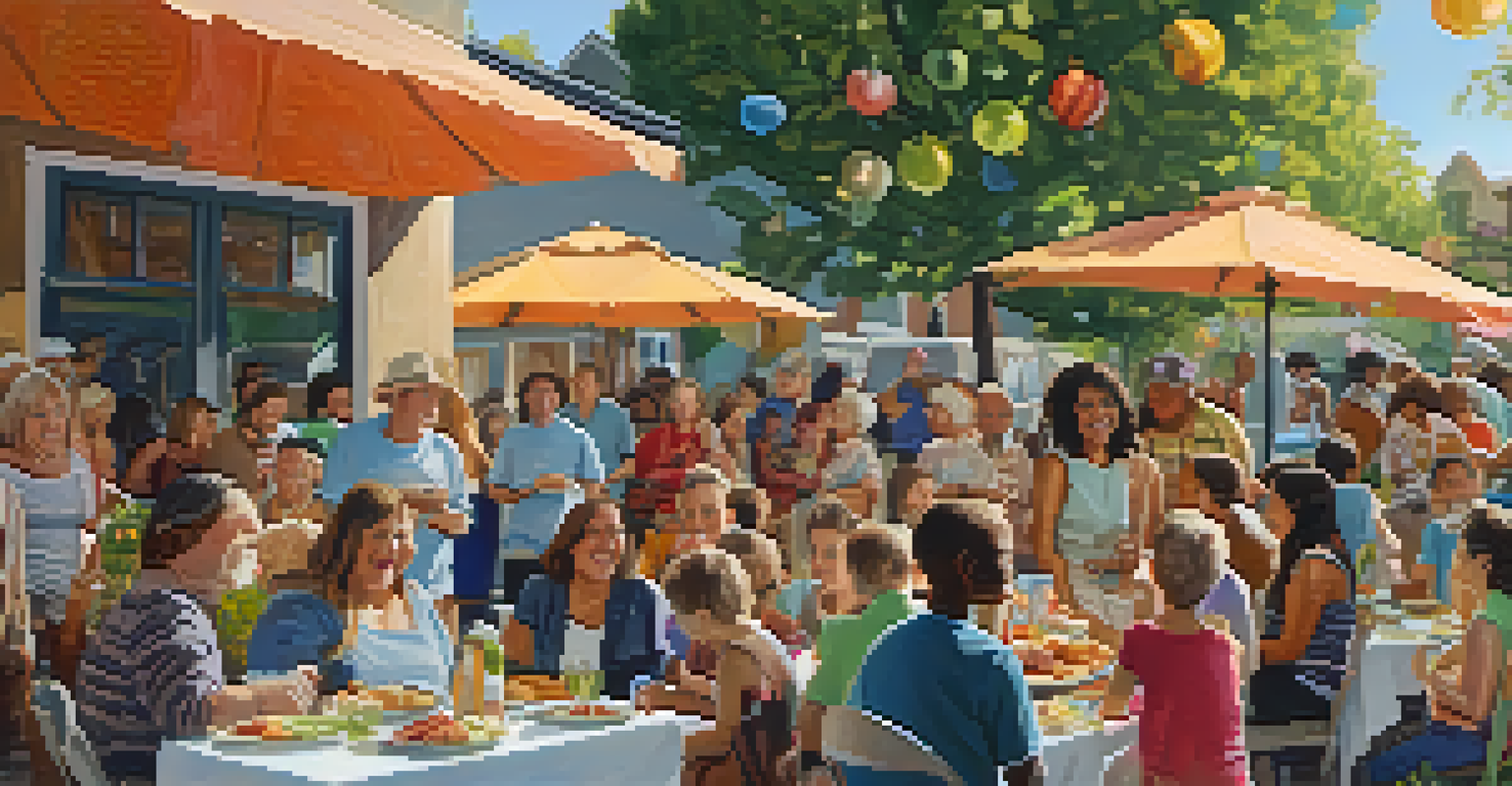 A diverse group of people enjoying a potluck meal in a neighborhood, with tables of food and a festive atmosphere.
