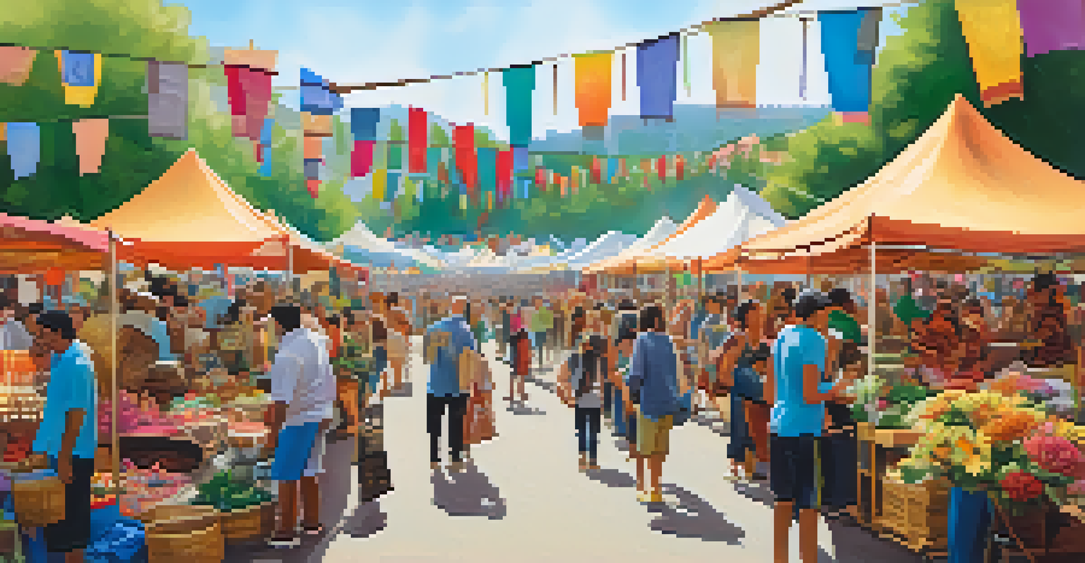 A vibrant festival market with local vendors selling crafts and food, surrounded by festival-goers enjoying the lively atmosphere.