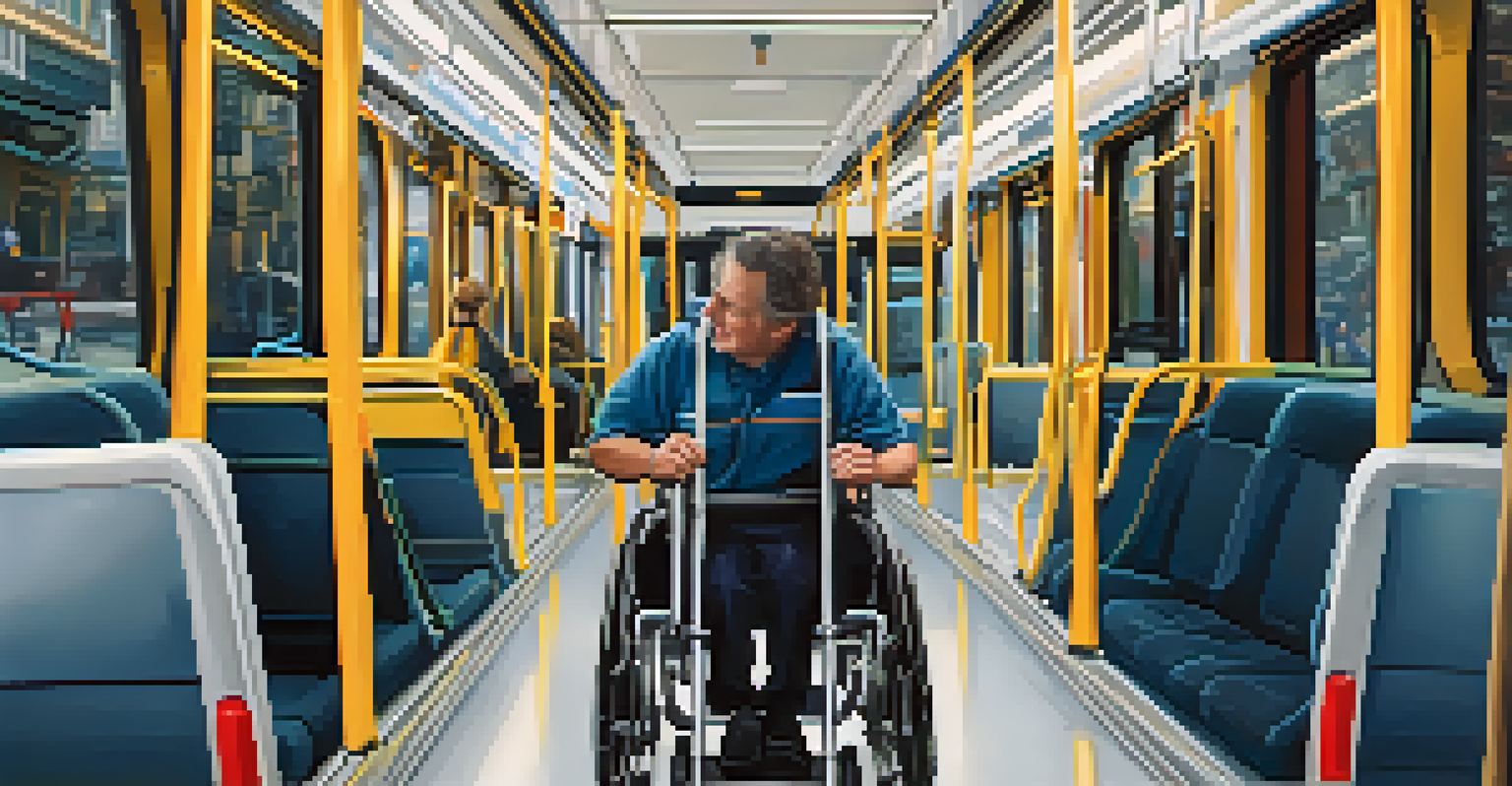 A person with a mobility aid navigating an accessible public transport vehicle, showcasing the interior designed for accessibility.