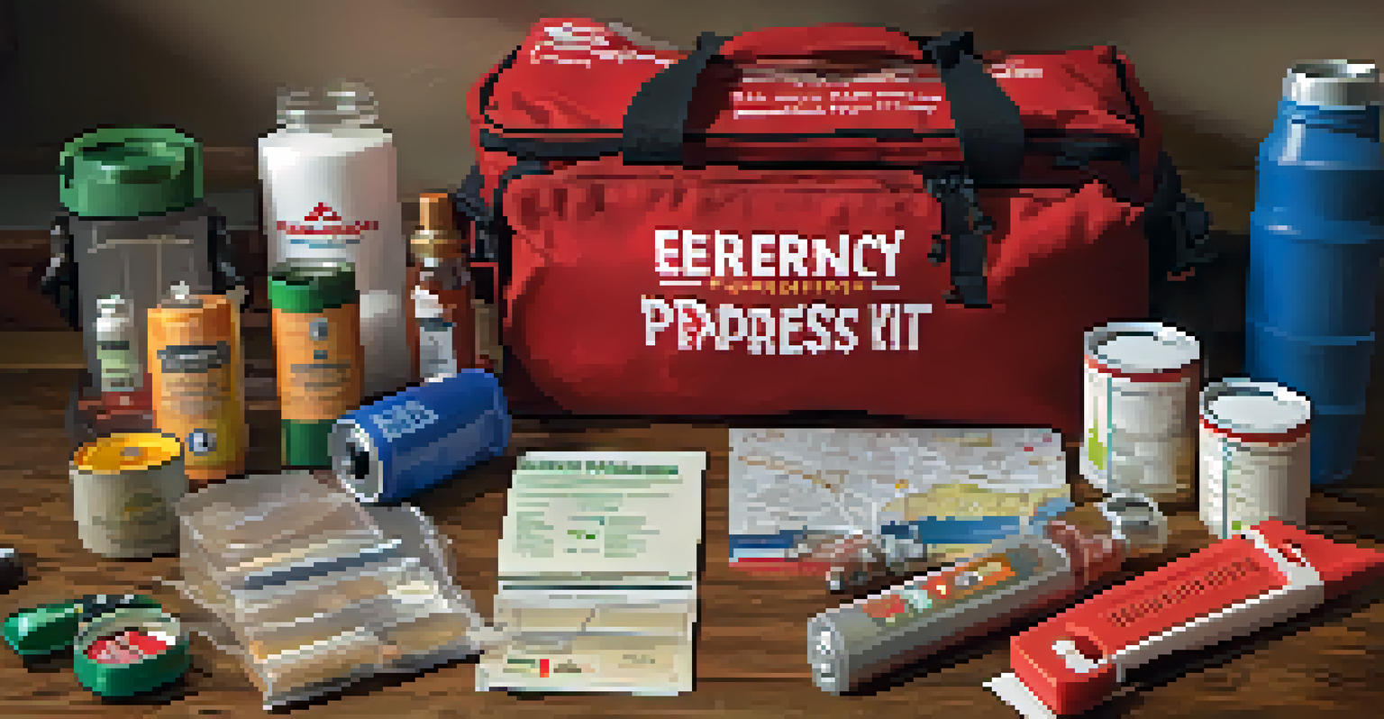 A well-stocked emergency preparedness kit on a table, including water, food, and first-aid supplies.