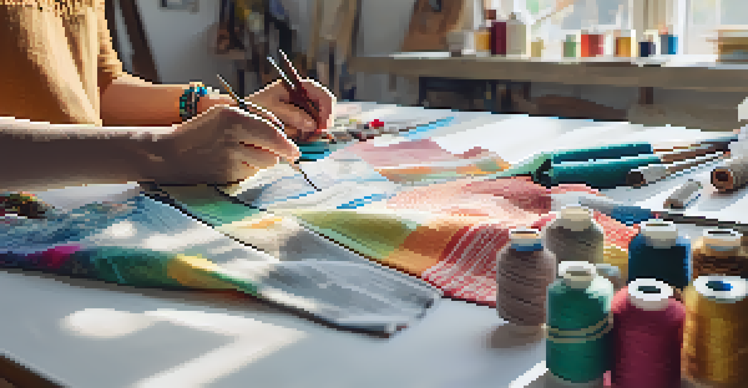 A close-up of a designer's hands working with upcycled fabrics in a bright studio filled with colorful textiles and sewing tools, with natural light streaming in.