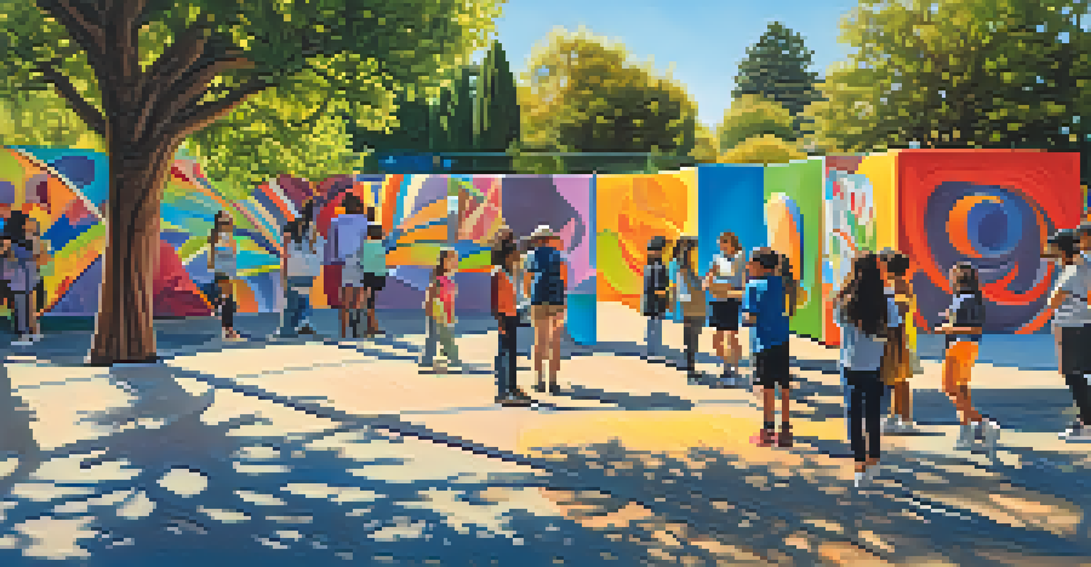 A vibrant outdoor art exhibition featuring youth-created murals and sculptures in a park, with attendees enjoying the colorful displays under bright sunlight.