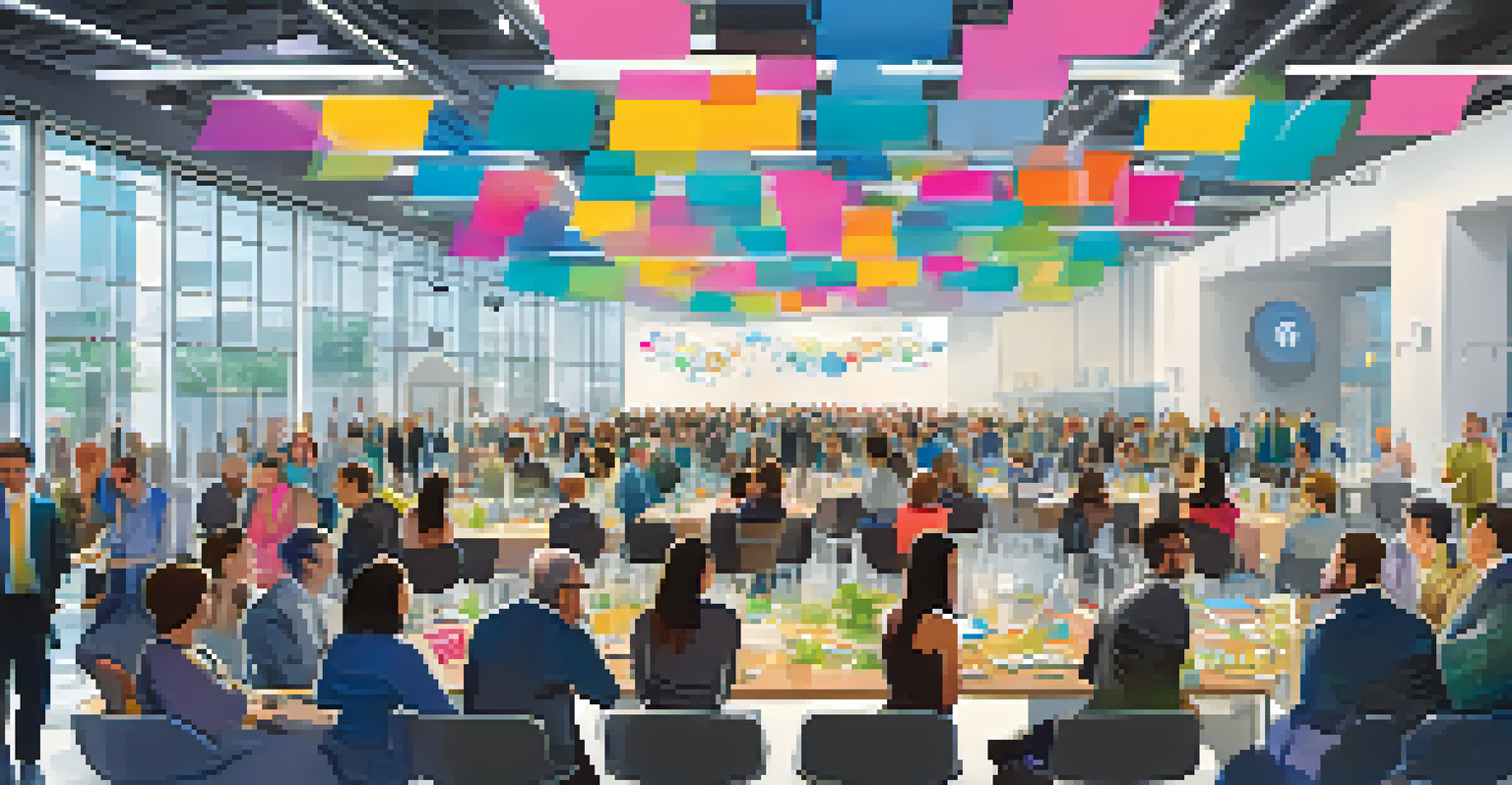 A vibrant networking event in a conference hall with biotech professionals engaging in discussions and exchanging ideas under bright lights.