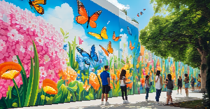 A bright park with a large mural that features animated butterflies and flowers, with people engaging with their smartphones.
