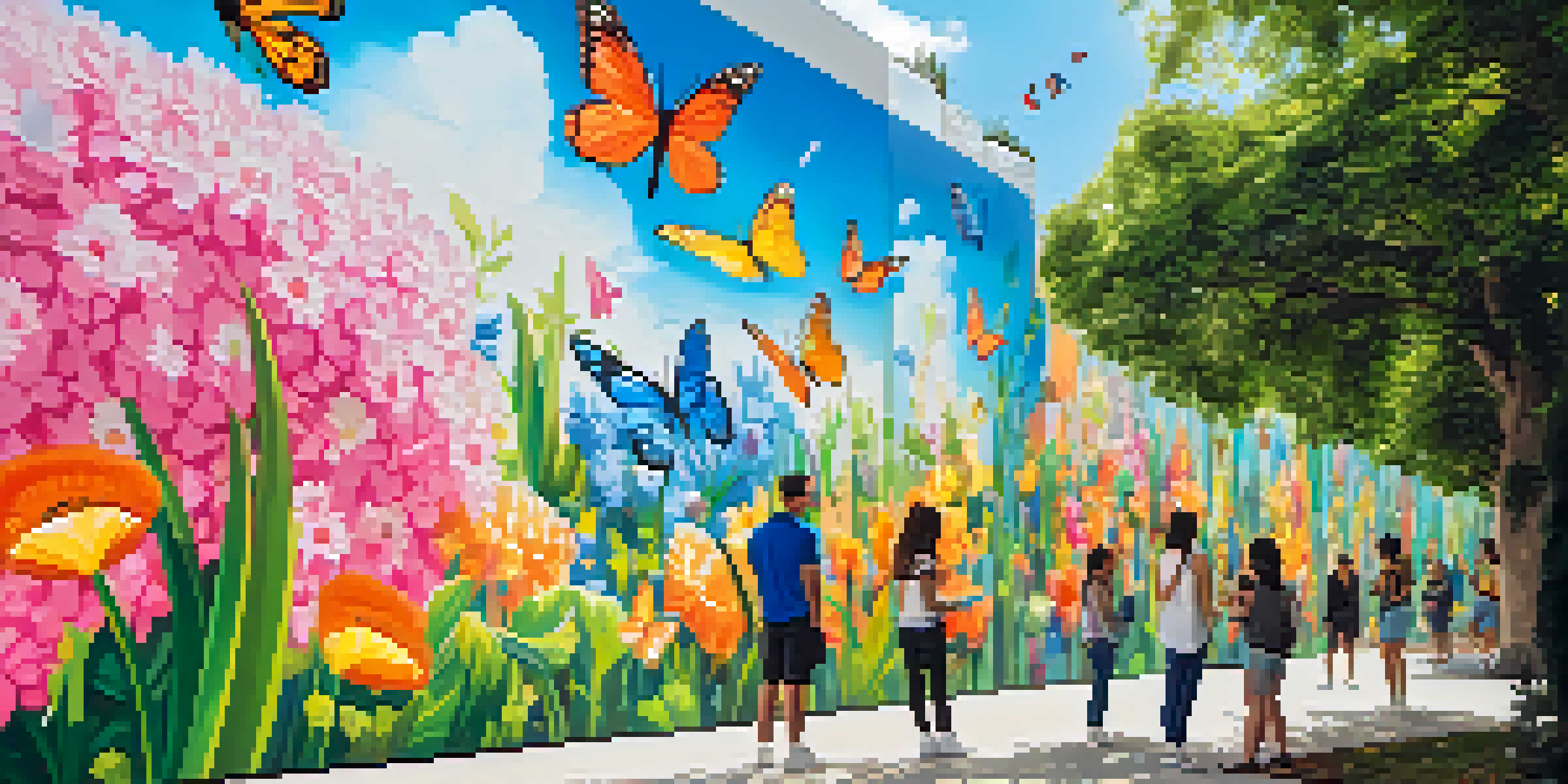 A bright park with a large mural that features animated butterflies and flowers, with people engaging with their smartphones.