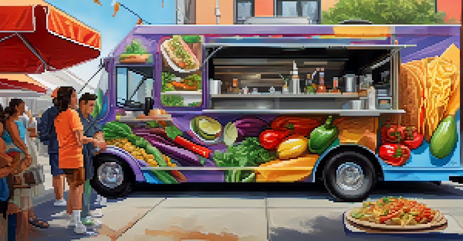 A gourmet food truck featuring fusion tacos with fresh ingredients and a chef preparing food.