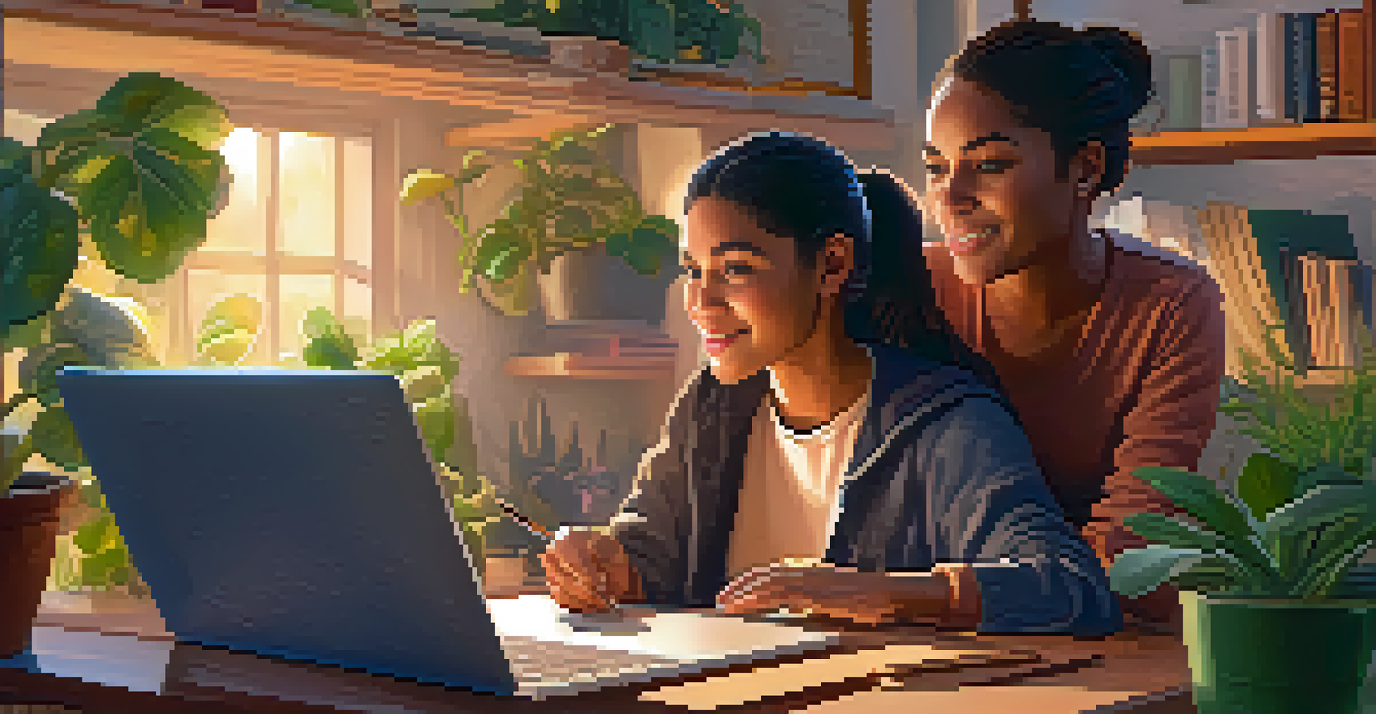 A woman mentor guiding her mentee at a laptop in a cozy workspace.