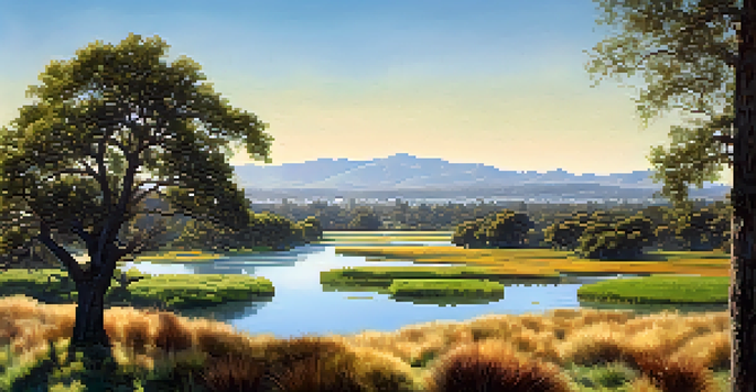 A wide view of various ecosystems in San Jose, including urban forests, wetlands, and grasslands, illuminated by bright sunlight.