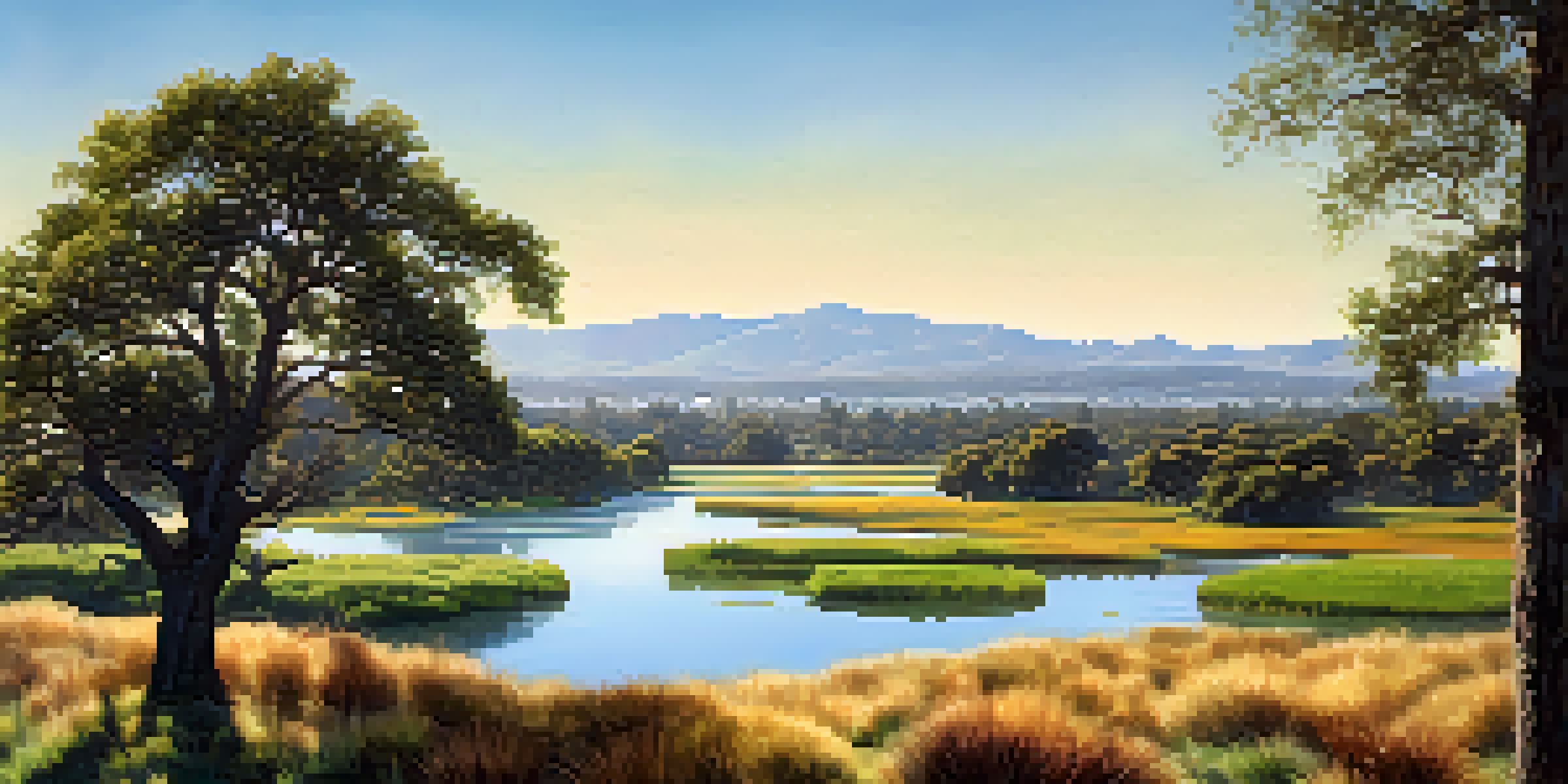 A wide view of various ecosystems in San Jose, including urban forests, wetlands, and grasslands, illuminated by bright sunlight.