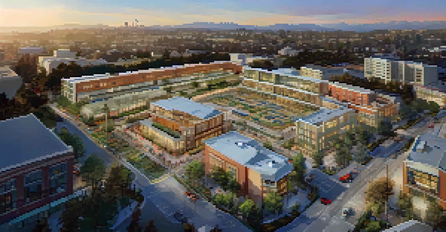 An aerial view of a San Jose construction site for a Transit-Oriented Development, showing cranes, buildings, and greenery under a sunset.