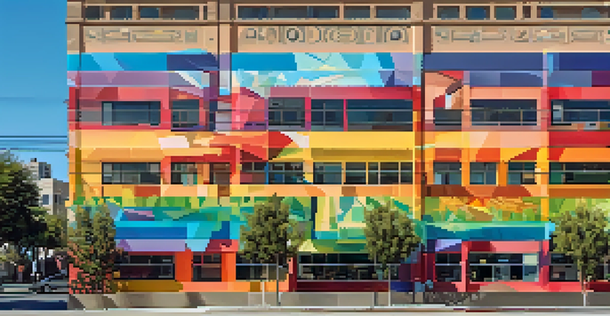 A colorful digital mural reflecting San Jose's diverse culture on a building wall, illuminated by sunlight.