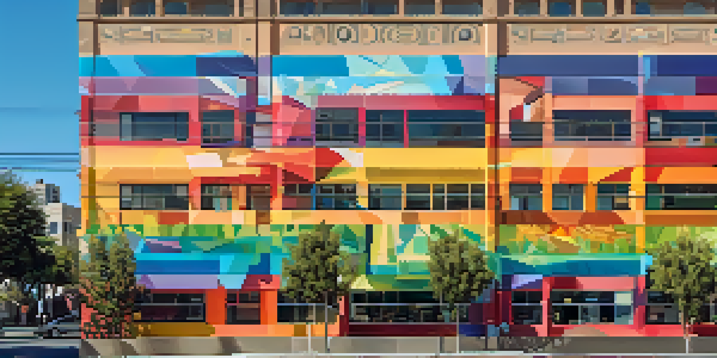 A colorful digital mural reflecting San Jose's diverse culture on a building wall, illuminated by sunlight.