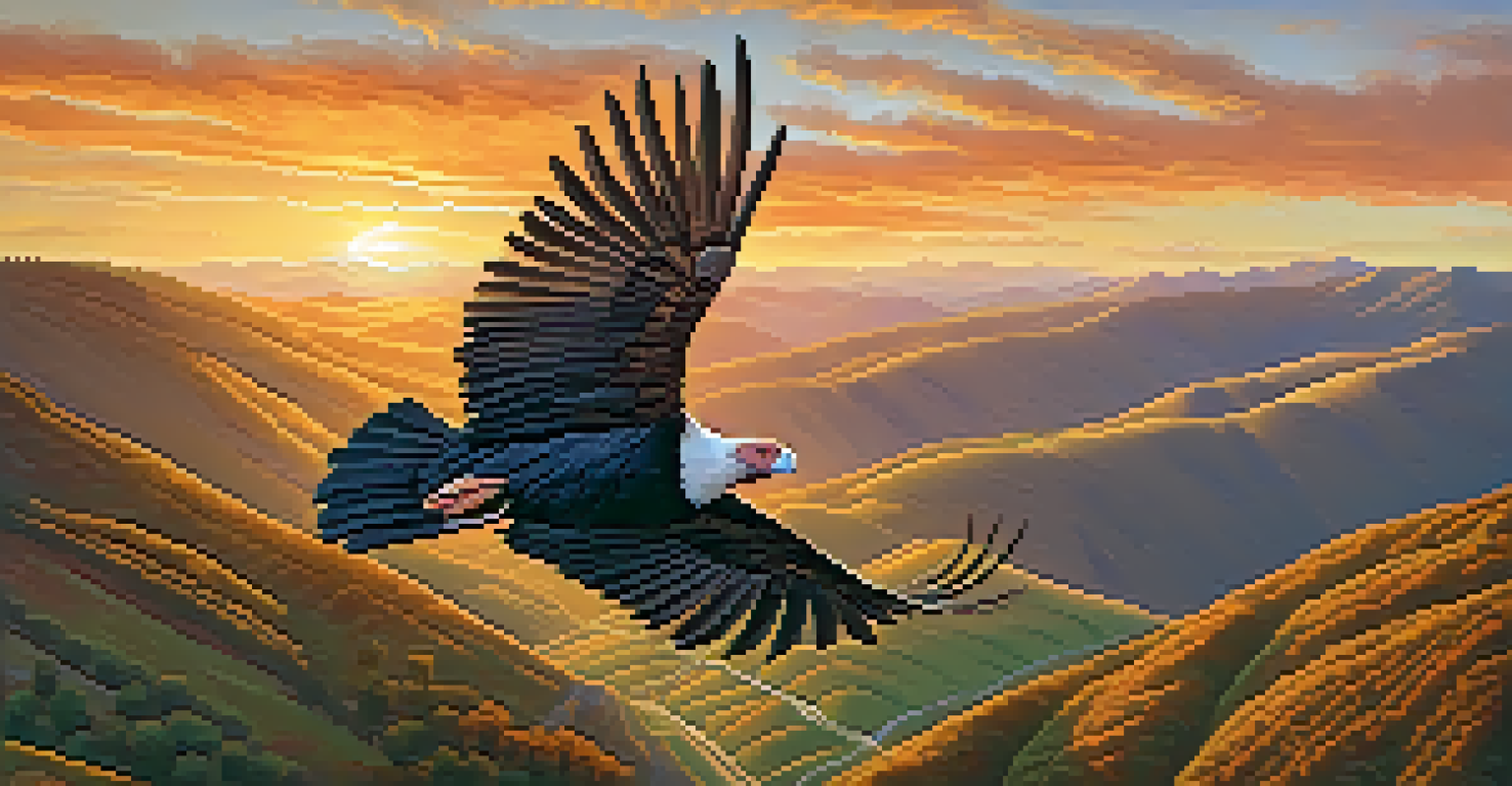 A California condor soaring over rolling hills at sunset, showcasing its large wingspan against a colorful sky.
