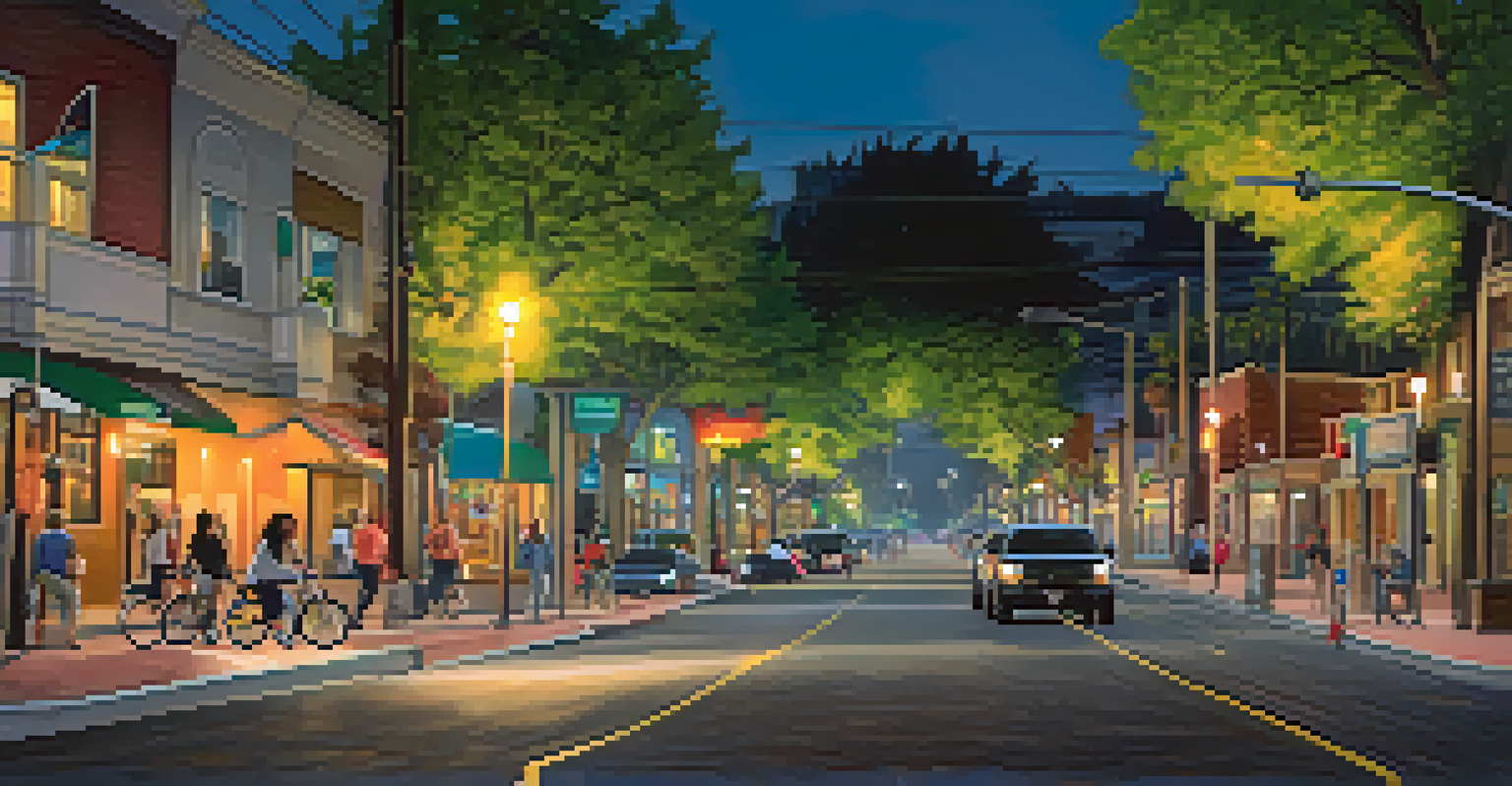 A busy urban street in San Jose at dusk, with smart streetlights, residents riding bicycles, and colorful murals on buildings.