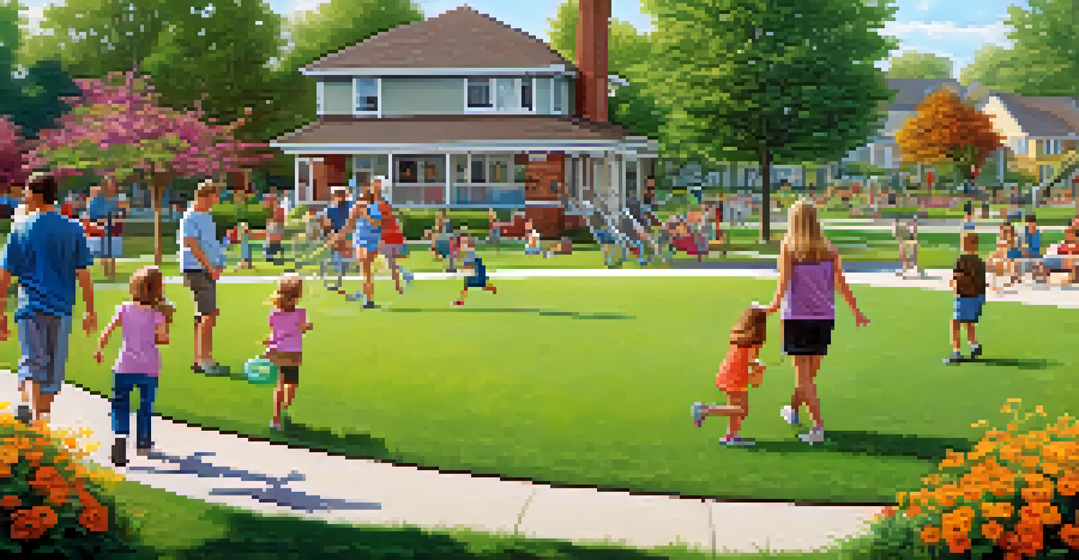 A lively community park with families engaging in outdoor activities, surrounded by greenery and colorful flowers, depicting suburban lifestyle.