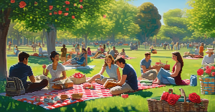 A vibrant park in San Jose featuring blooming roses, green trees, and people having a picnic.