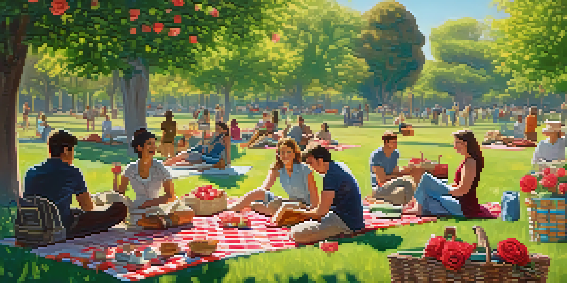 A vibrant park in San Jose featuring blooming roses, green trees, and people having a picnic.
