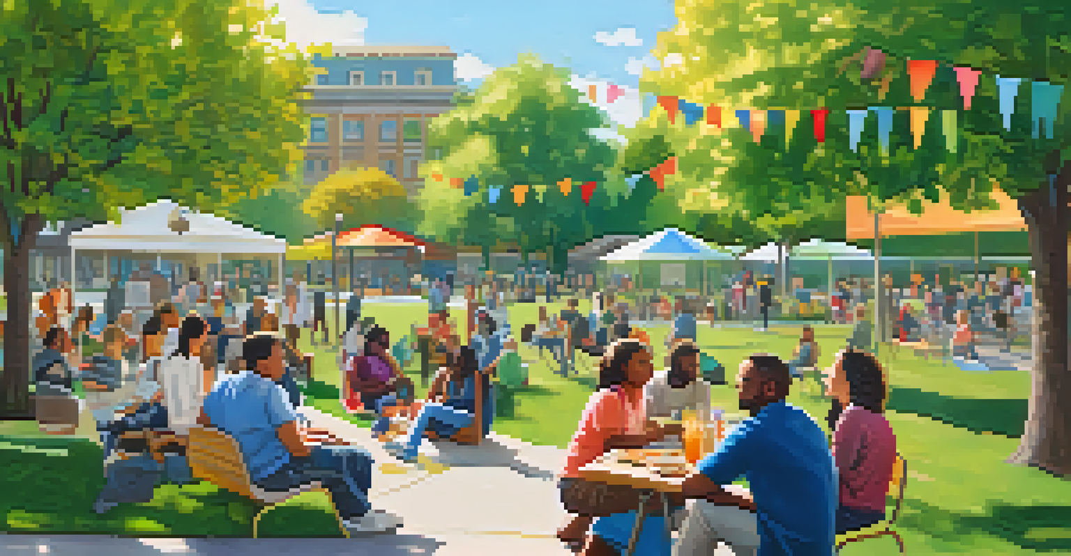 A community park filled with diverse people talking and supporting each other, with banners for mental health awareness.