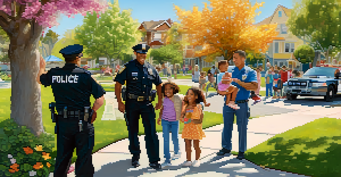 A San Jose police officer interacting with community members in a friendly neighborhood, with a park and colorful houses in the background.