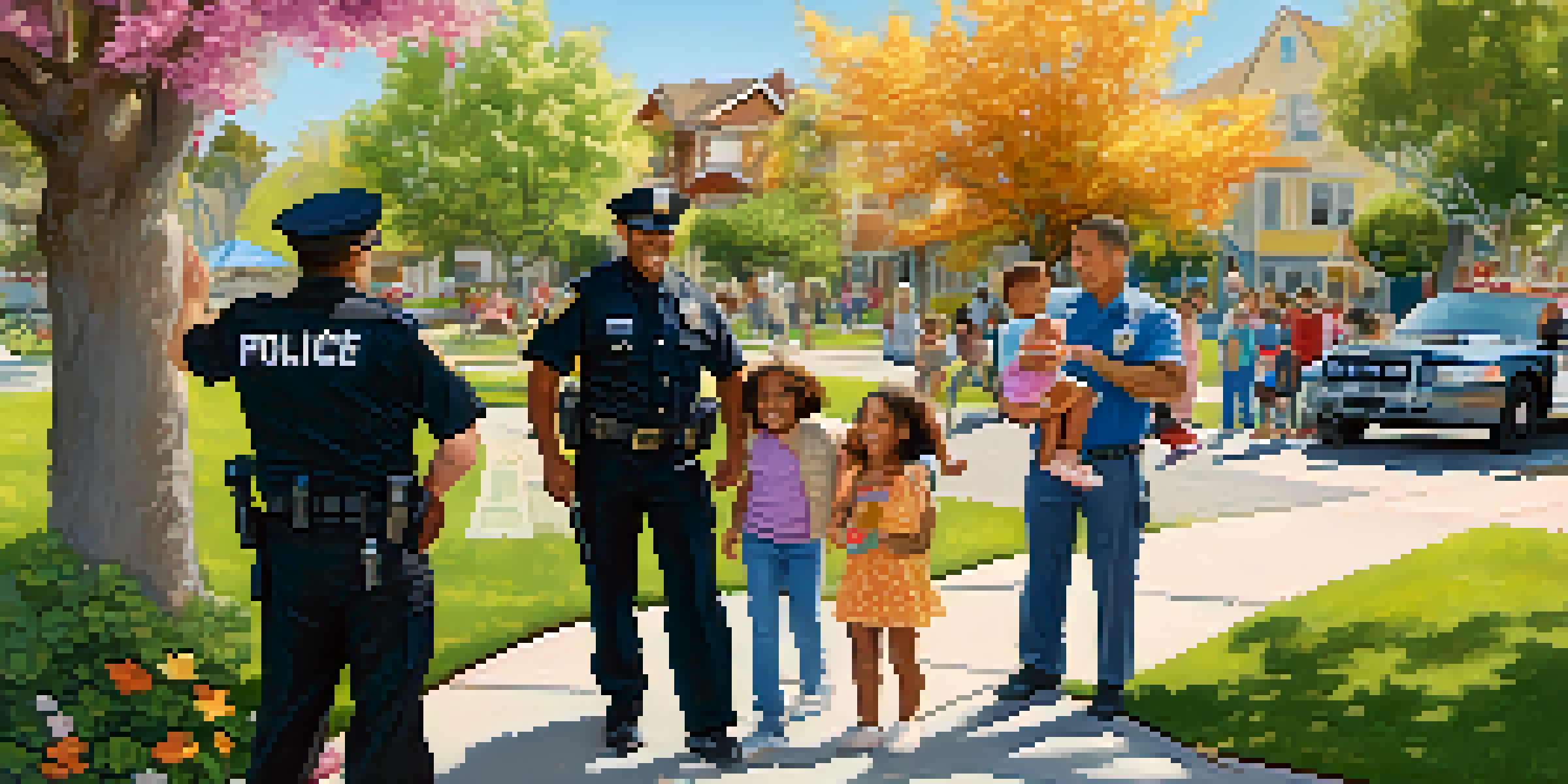 A San Jose police officer interacting with community members in a friendly neighborhood, with a park and colorful houses in the background.