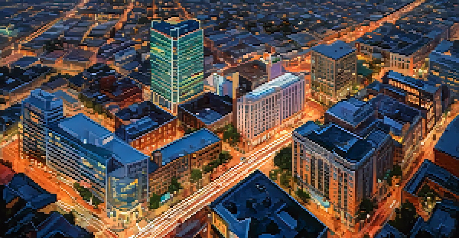 A lively aerial view of Downtown San Jose with tall buildings and colorful lights.