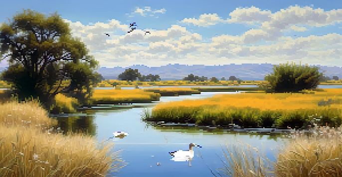 A serene view of Coyote Creek with lush vegetation and migratory birds.