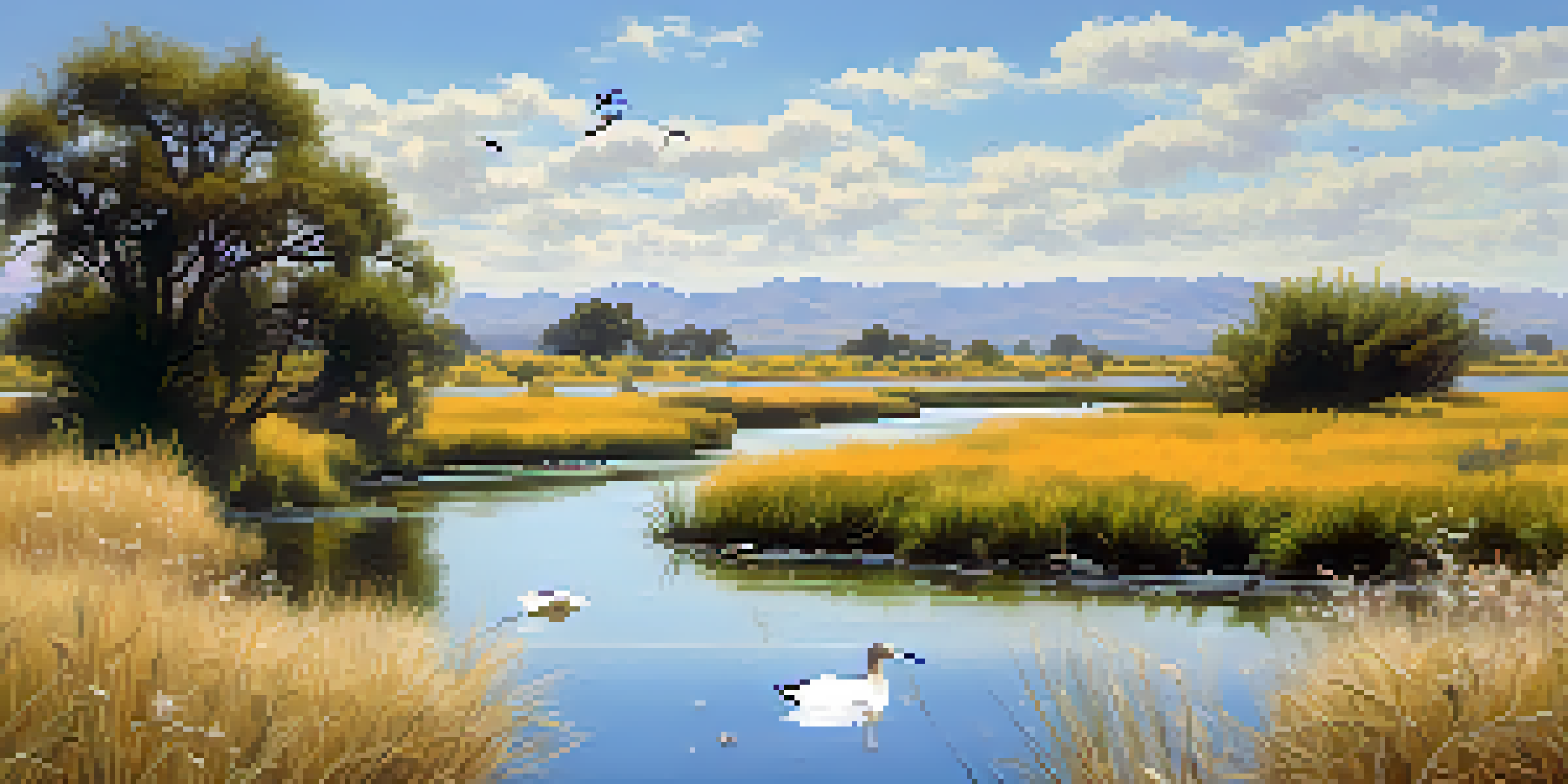 A serene view of Coyote Creek with lush vegetation and migratory birds.