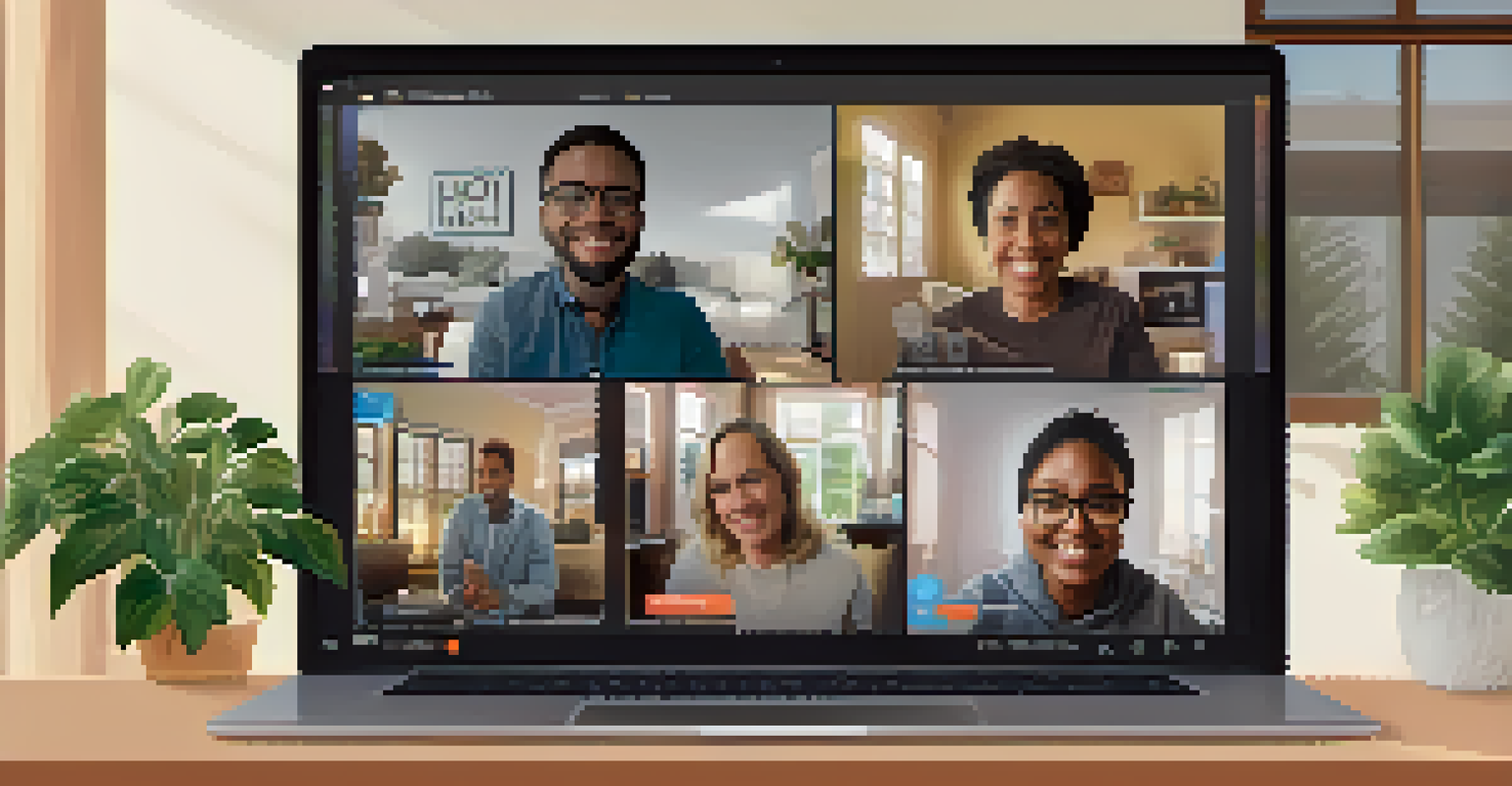 A cozy home setting with a laptop displaying a virtual town hall meeting with diverse participants discussing community issues.