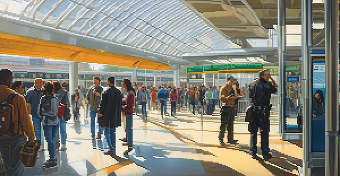 A vibrant urban transit station filled with diverse commuters and visible security personnel, under bright sunlight.