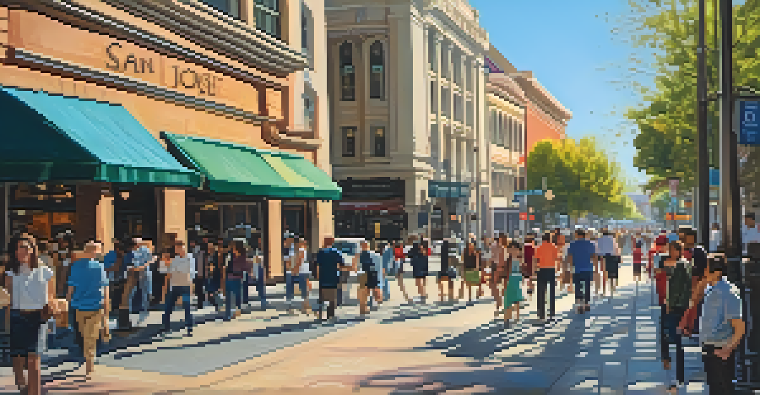 A lively street scene in Historic Downtown San Jose showcasing modern and historic architecture.