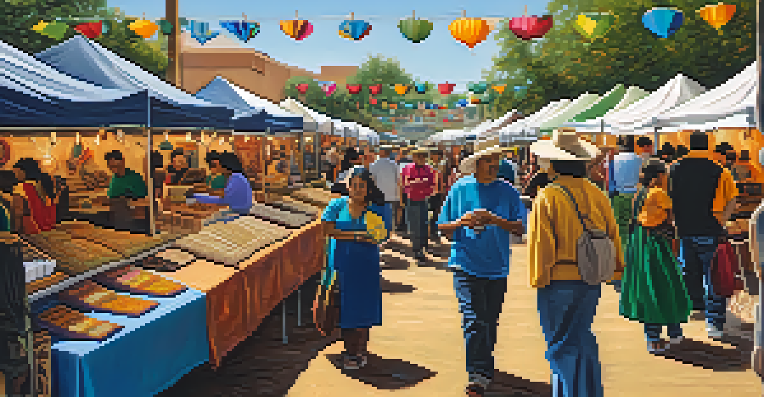 A lively artisan market featuring local crafts, with colorful stalls and festival-goers engaging with artisans showcasing their handmade products.