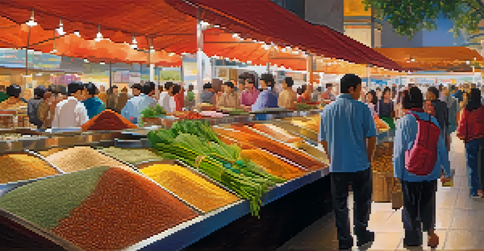 A busy market scene at Grand Century Mall with colorful stalls selling Asian spices and fresh produce, filled with diverse people.