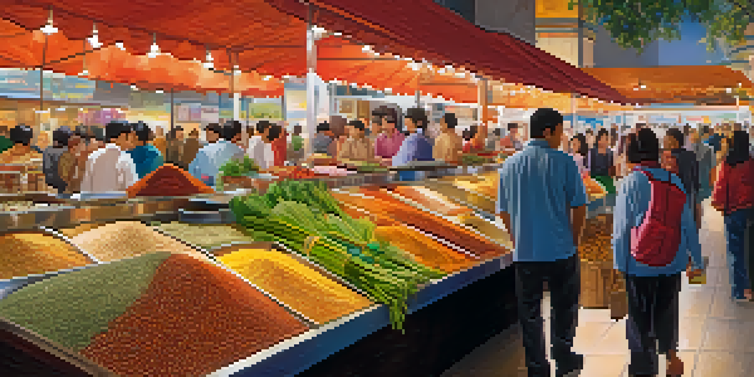 A busy market scene at Grand Century Mall with colorful stalls selling Asian spices and fresh produce, filled with diverse people.