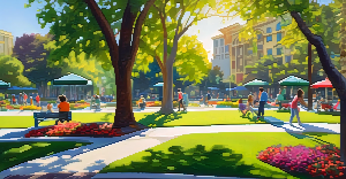 A lively urban park with families having picnics, children playing, and vibrant greenery under a bright sun.