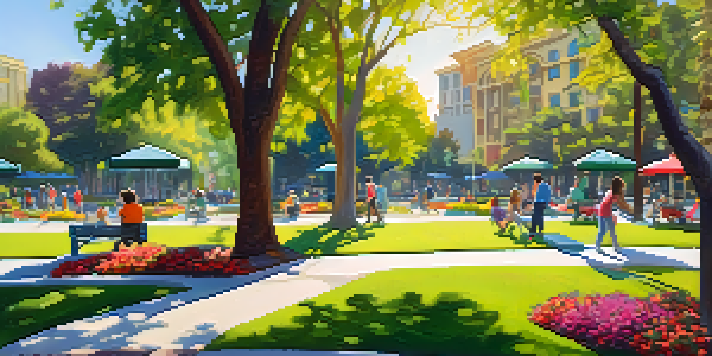 A lively urban park with families having picnics, children playing, and vibrant greenery under a bright sun.