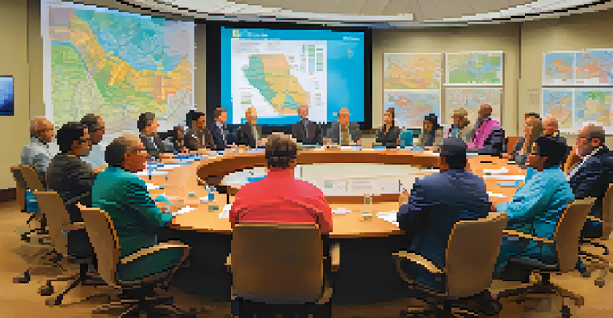A city council meeting with diverse members discussing local issues in a well-lit room, with maps and charts on the walls.