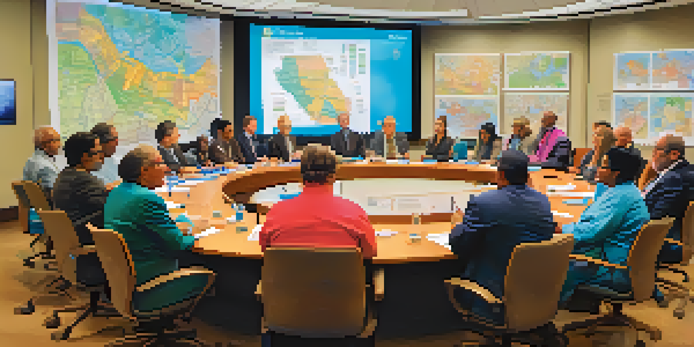 A city council meeting with diverse members discussing local issues in a well-lit room, with maps and charts on the walls.