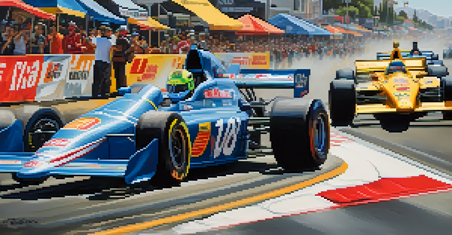 Race cars competing at the San Jose Grand Prix with spectators and food trucks in a lively atmosphere.