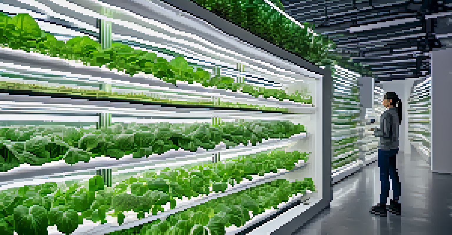 A vertical farm with stacked hydroponic plants under LED lights, highlighting the modern farming techniques in an urban environment.