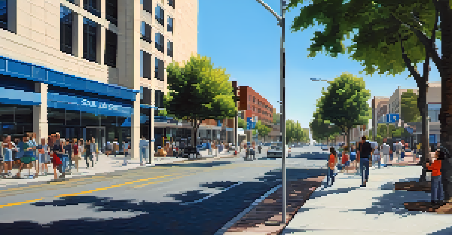 Urban landscape of San Jose showcasing modern infrastructure designed for disaster resilience with people walking along a busy street.