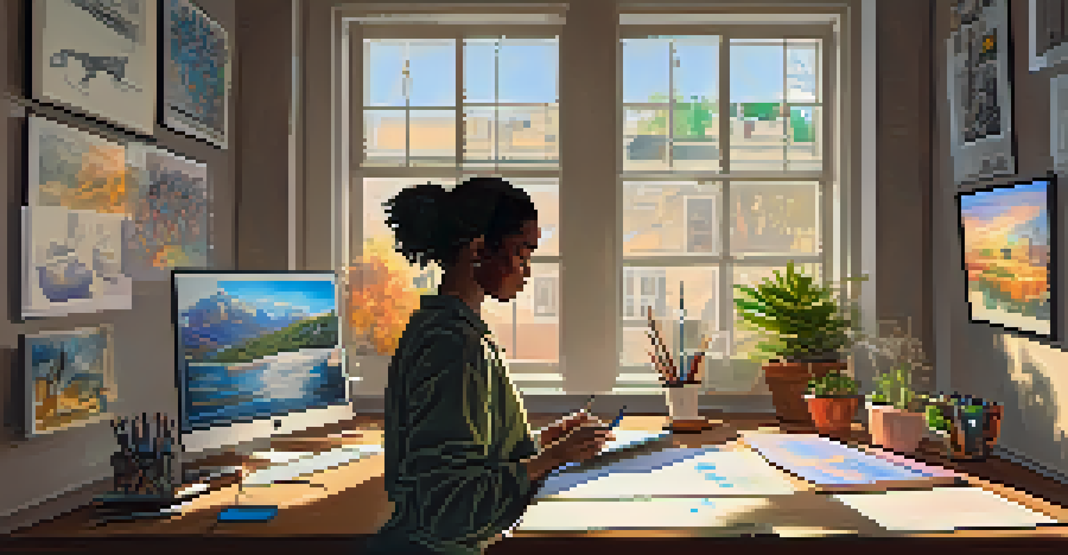 An artist deeply focused on creating digital art on a tablet in a cozy studio, surrounded by sketches and illuminated by warm sunlight.