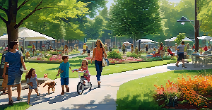 A bustling urban park filled with greenery, where people are enjoying various activities like playing and picnicking under the warm sunlight.