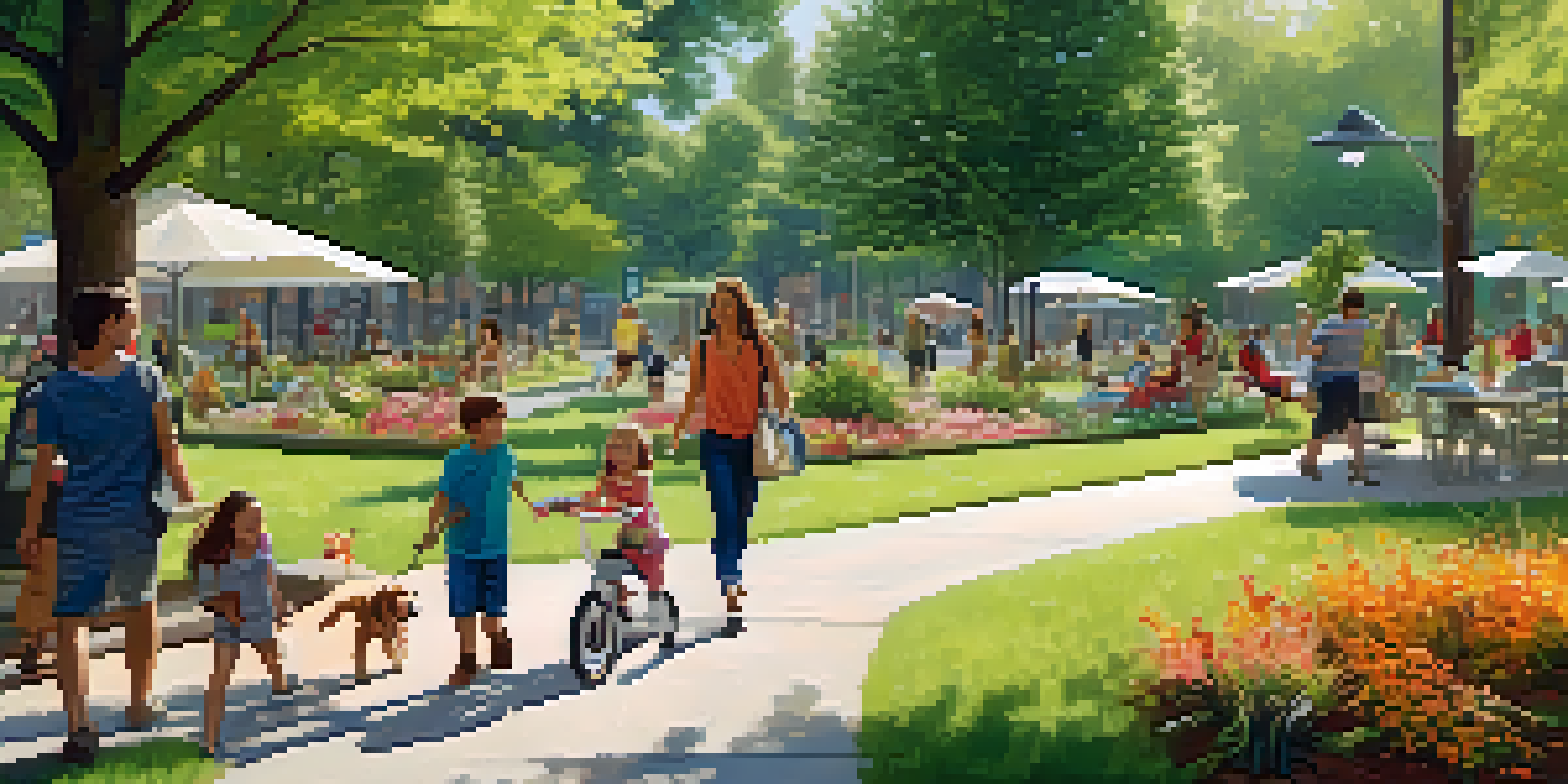 A bustling urban park filled with greenery, where people are enjoying various activities like playing and picnicking under the warm sunlight.