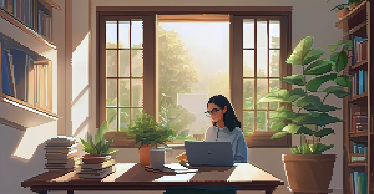 A cozy study nook for online learners, with a laptop, books, and warm lighting, creating a serene and productive atmosphere.