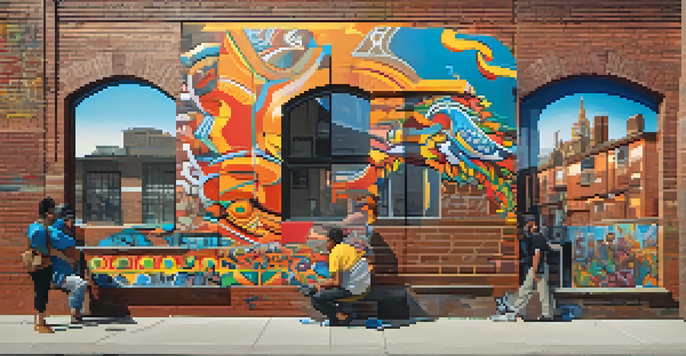 A large mural on a brick wall, combining vibrant street art with intricate traditional patterns, illuminated by sunlight.