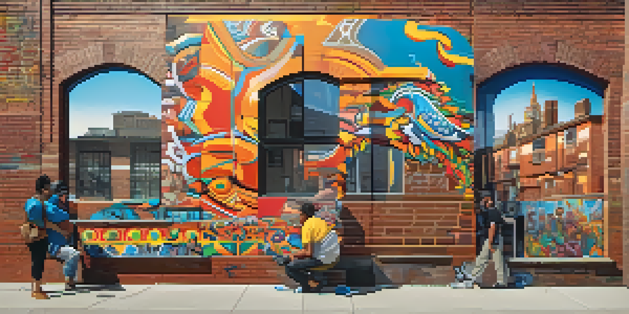A large mural on a brick wall, combining vibrant street art with intricate traditional patterns, illuminated by sunlight.
