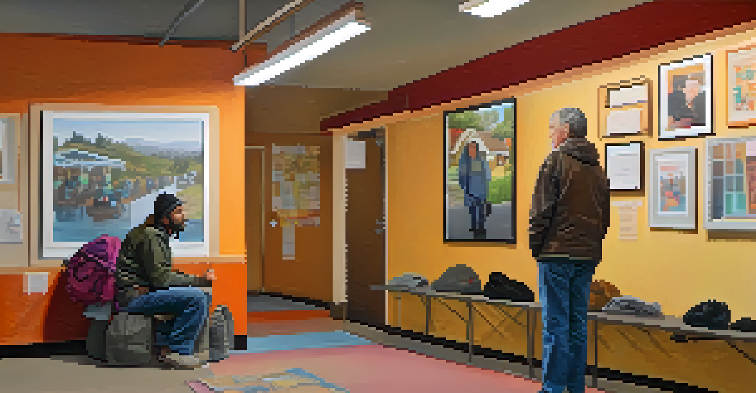 A compassionate volunteer talking to a guest at a homeless shelter, with a warm and inviting background.